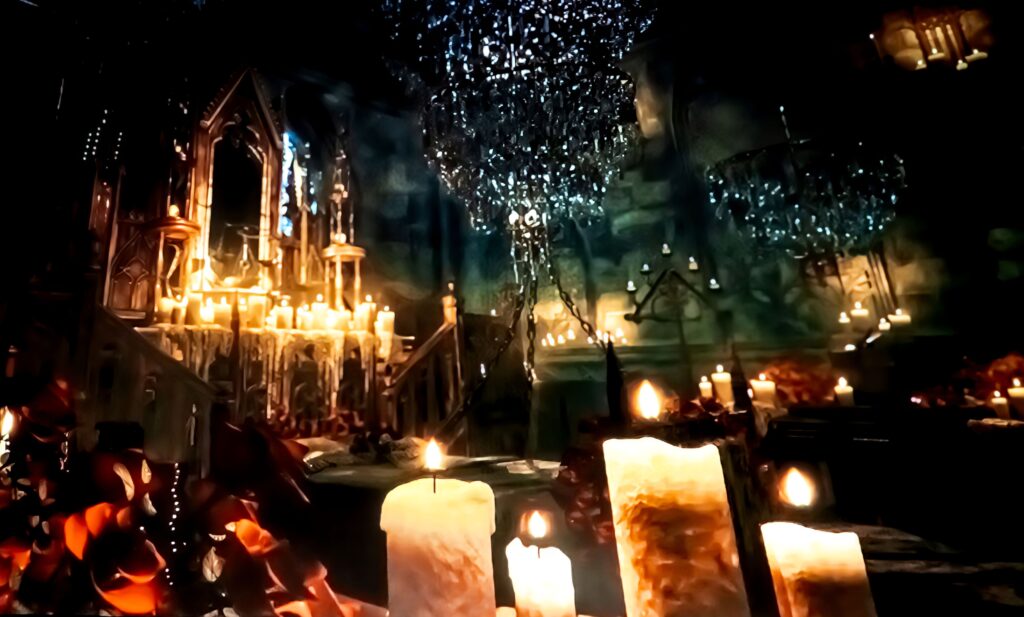 Candlelit Gothic Underworld immersive event setting in Las Vegas